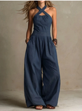 Blanca-Traje de lino y algodón con un elegante escote cruzado