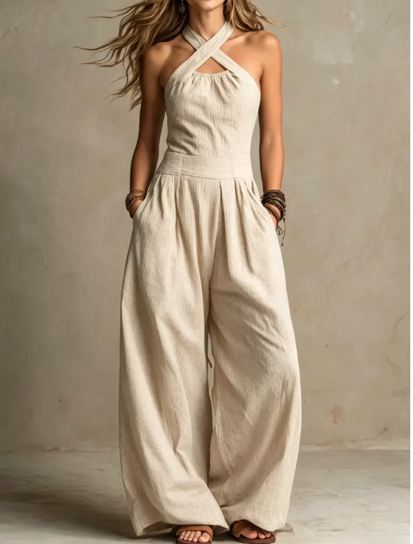 Blanca-Traje de lino y algodón con un elegante escote cruzado